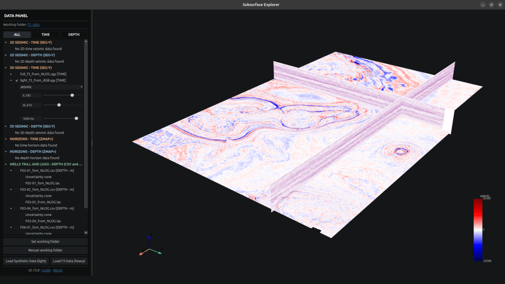 This picture show the ability of the software to display 3D seismic cube through SEGy file.